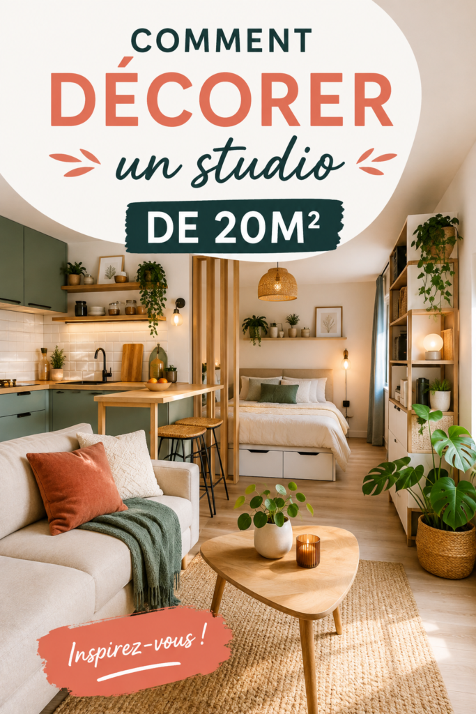 Intérieur d'un studio décoré avec des meubles fonctionnels et une ambiance chaleureuse.