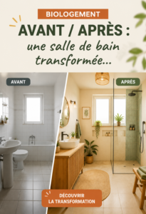 Salle de bain avant et après transformation, montrant un espace moderne et accueillant.