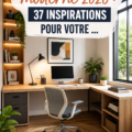 Un bureau d'angle moderne en bois avec une décoration minimaliste et fonctionnelle dans un cadre de travail à domicile.
