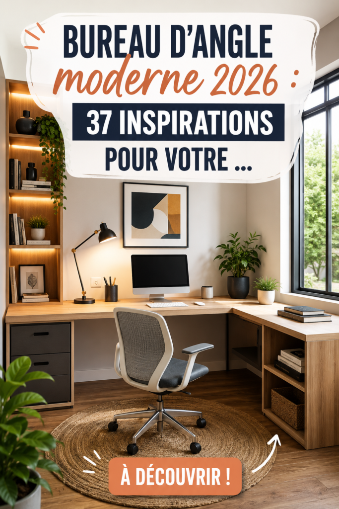 Un bureau d'angle moderne en bois avec une décoration minimaliste et fonctionnelle dans un cadre de travail à domicile.