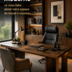 Aménagement d'un bureau moderne avec des touches de déco chaleureuses.