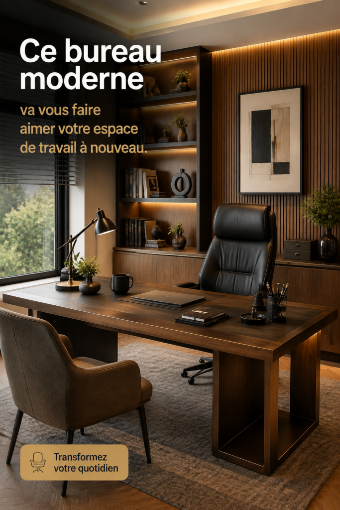 Aménagement d'un bureau moderne avec des touches de déco chaleureuses.