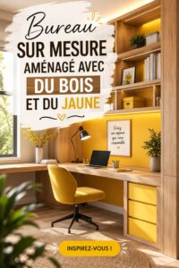Bureau sur mesure en bois avec accents jaunes dans un intérieur lumineux.
