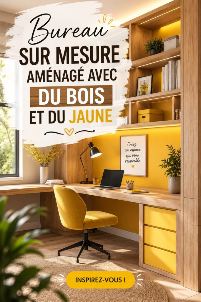 Bureau sur mesure en bois avec accents jaunes dans un intérieur lumineux.