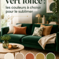 Un salon chaleureux avec un canapé vert foncé et des accessoires colorés qui l'embellissent.