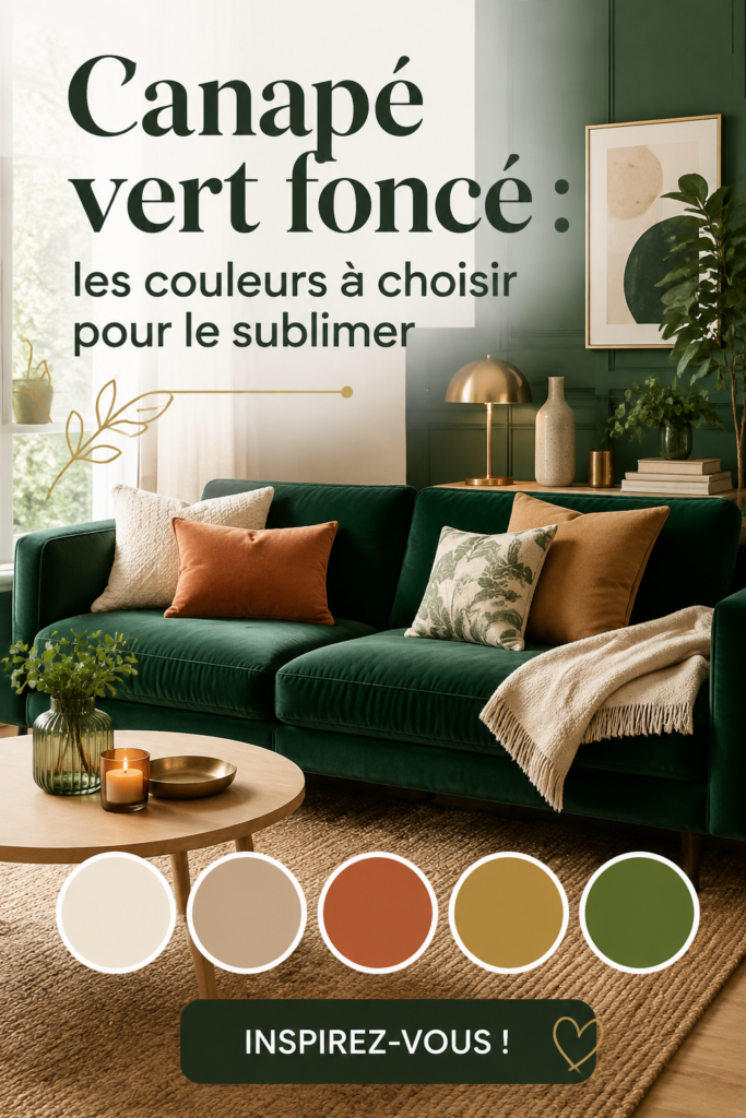 Un salon chaleureux avec un canapé vert foncé et des accessoires colorés qui l'embellissent.