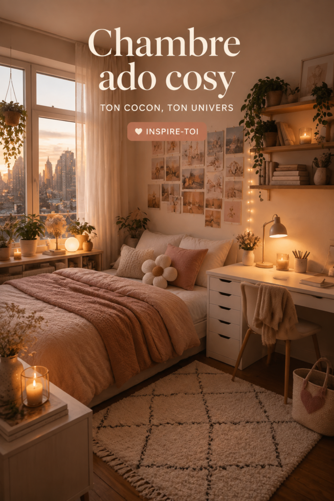 Chambre d'ado cosy avec des couleurs douces et des meubles pratiques