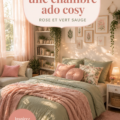 Transformation d'une chambre adolescente en rose et vert sauge, montrant un espace apaisant et chaleureux.
