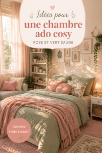 Transformation d'une chambre adolescente en rose et vert sauge, montrant un espace apaisant et chaleureux.