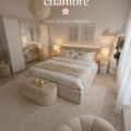 Chambre élégante et minimaliste avec des couleurs douces et des meubles fonctionnels.