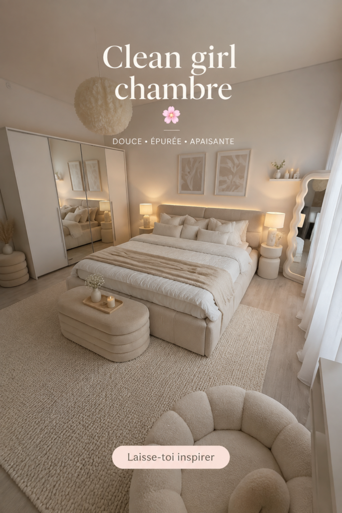 Chambre élégante et minimaliste avec des couleurs douces et des meubles fonctionnels.