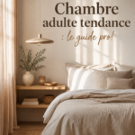 Chambre adulte moderne avec une décoration chaleureuse et tendance, alliant confort et esthétisme.