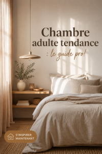 Chambre adulte moderne avec une décoration chaleureuse et tendance, alliant confort et esthétisme.