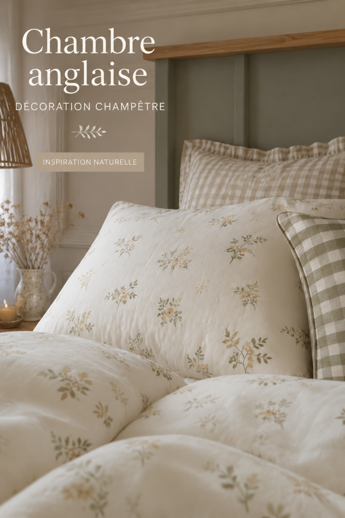 Chambre décorée dans un style anglais avec des éléments champêtres et chaleureux.