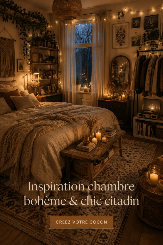 Chambre décorée dans un style bohème chic avec des textures et des couleurs douces