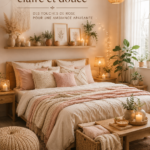 Chambre boho aux accents roses avec éléments de décoration chaleureuse.