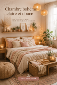 Chambre boho aux accents roses avec éléments de décoration chaleureuse.