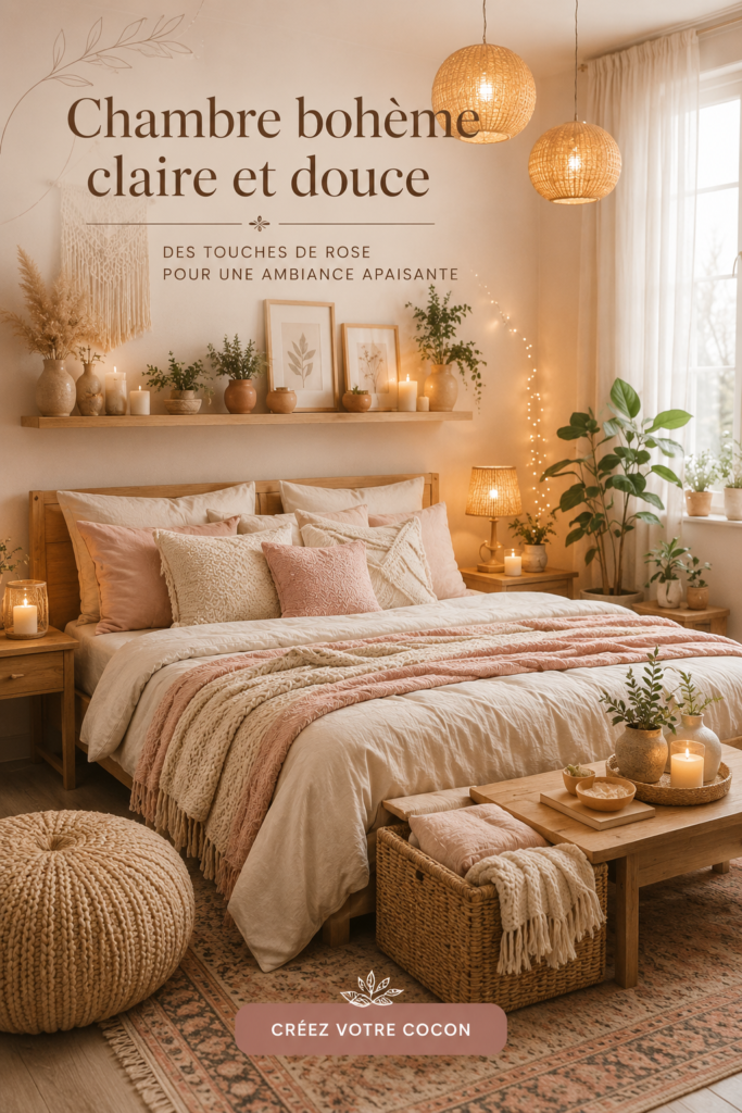 Chambre boho aux accents roses avec éléments de décoration chaleureuse.
