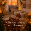 Chambre boho chaleureuse avec des textiles doux et des plantes