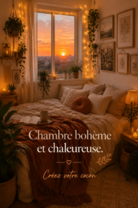 Chambre boho chaleureuse avec des textiles doux et des plantes