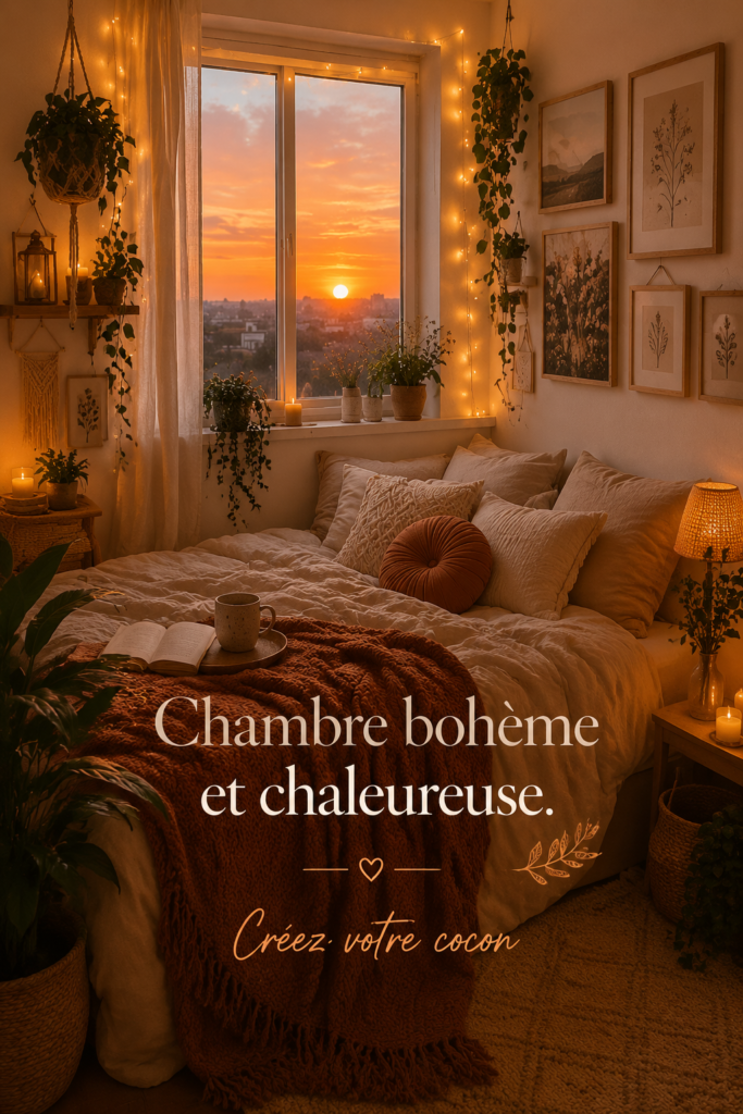 Chambre boho chaleureuse avec des textiles doux et des plantes