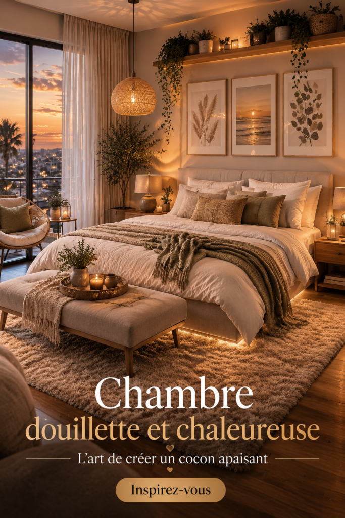 Chambre chaleureuse avec décoration moderne et neutre
