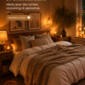 Chambre avec ambiance chaleureuse et apaisante, décorée en couleurs neutres