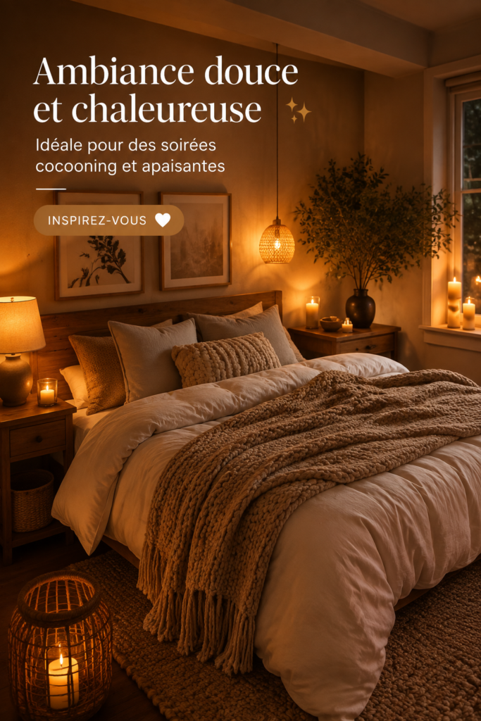 Chambre avec ambiance chaleureuse et apaisante, décorée en couleurs neutres