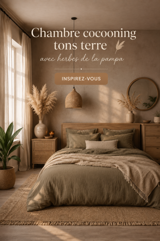 Chambre décorée avec des teintes terre et de l'herbe de la pampa