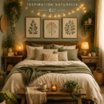 Chambre cosy avec des accents terreux et naturels, luminaires doux et textiles confortables