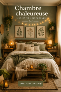 Chambre cosy avec des accents terreux et naturels, luminaires doux et textiles confortables