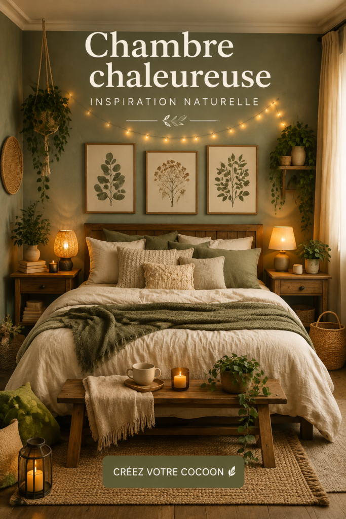 Chambre cosy avec des accents terreux et naturels, luminaires doux et textiles confortables