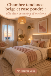 Chambre décorée en beige et rose poudré, ambiance cocooning moderne