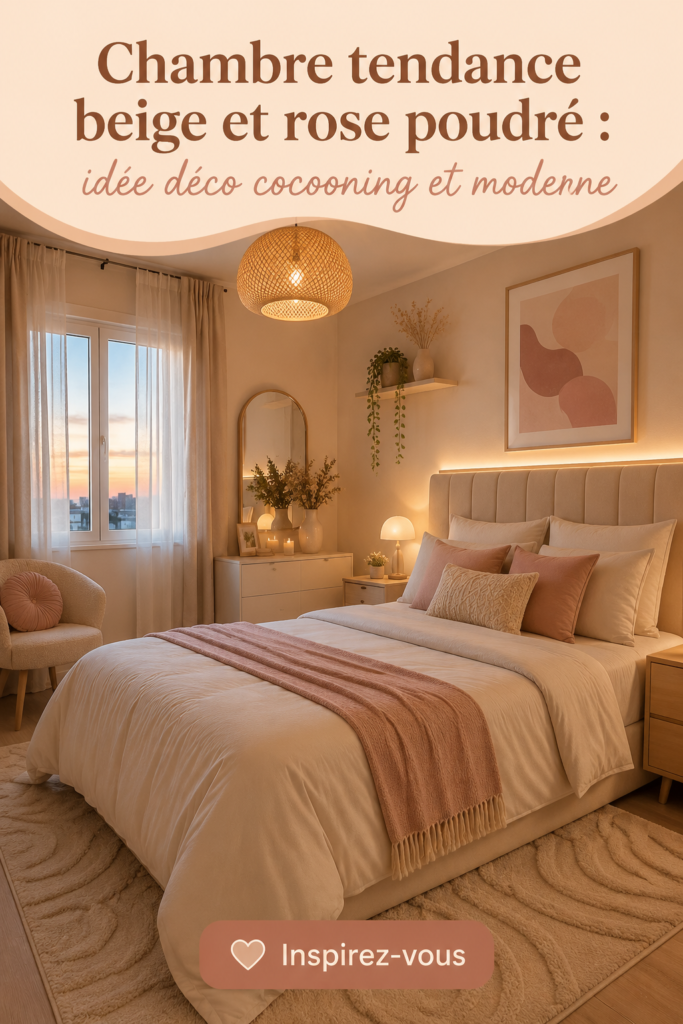 Chambre décorée en beige et rose poudré, ambiance cocooning moderne