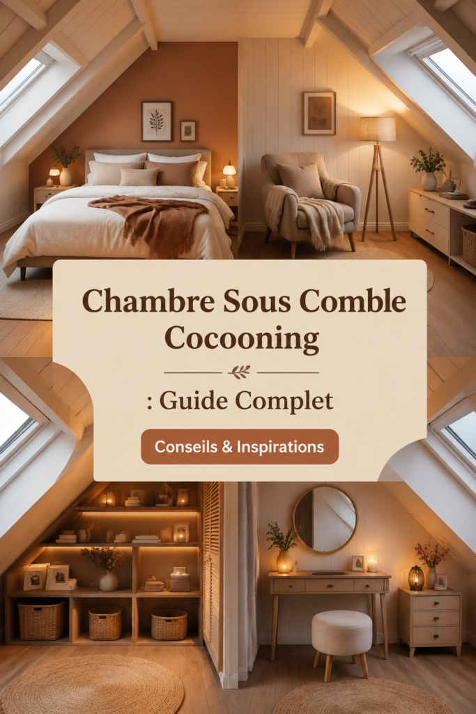 Chambre cocooning sous les combles avec des tissus doux et un éclairage chaleureux