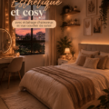 Chambre cosy avec éclairage doux et vue sur le coucher de soleil