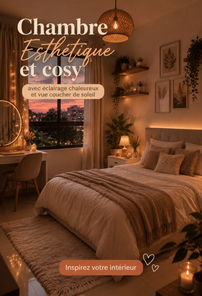 Chambre cosy avec éclairage doux et vue sur le coucher de soleil