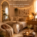 Chambre cosy avec lumière chaleureuse et décoration douce