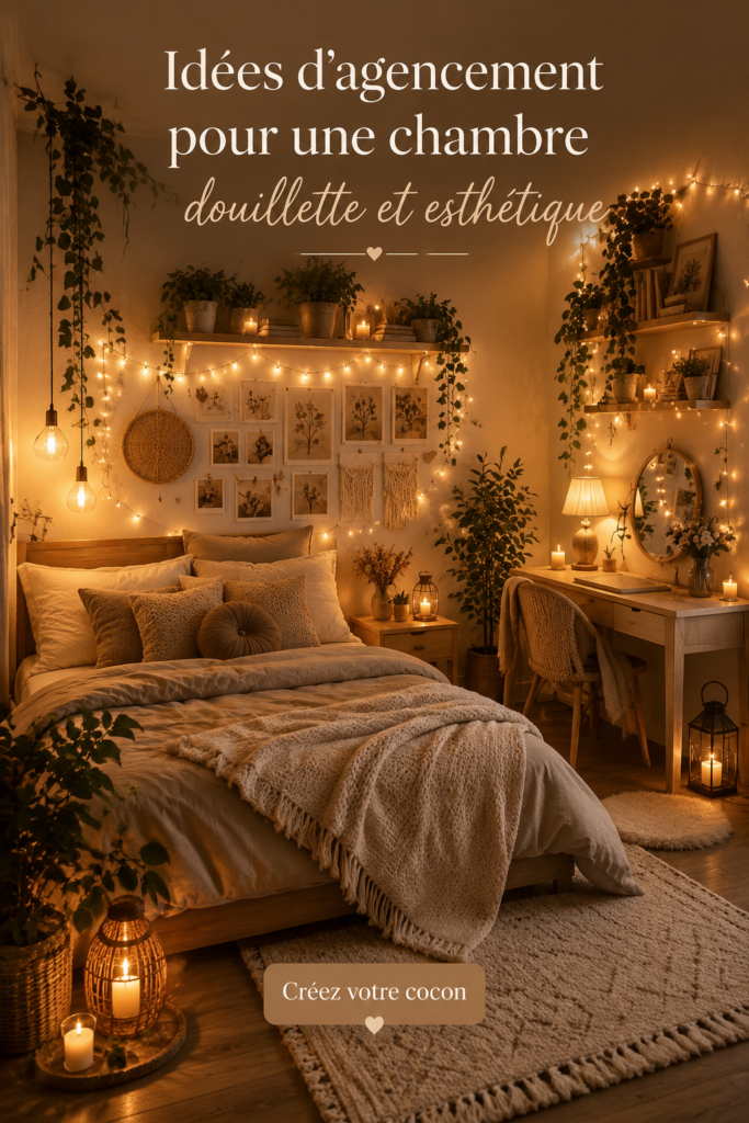Une chambre cosy avec des couleurs douces et des textiles chaleureux.