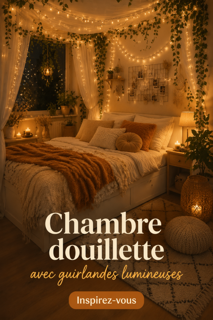 Chambre cozy avec des guirlandes lumineuses suspendues