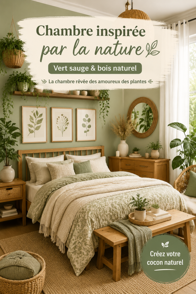 Chambre apaisante avec des murs en vert sauge et des meubles en bois