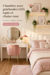 Chambre moderne avec éclairage LED et fauteuil rose confortablement situé.