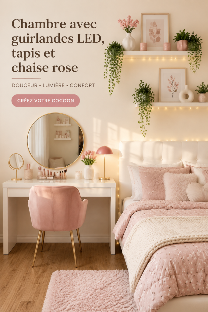 Chambre moderne avec éclairage LED et fauteuil rose confortablement situé.
