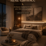 Chambre moderne et luxueuse avec des touches cosies et un éclairage doux.