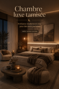 Chambre moderne et luxueuse avec des touches cosies et un éclairage doux.