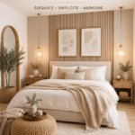 Chambre moderne et minimaliste avec des couleurs apaisantes et une décoration épurée.