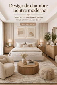 Chambre moderne avec des couleurs neutres et un décor chaleureux.