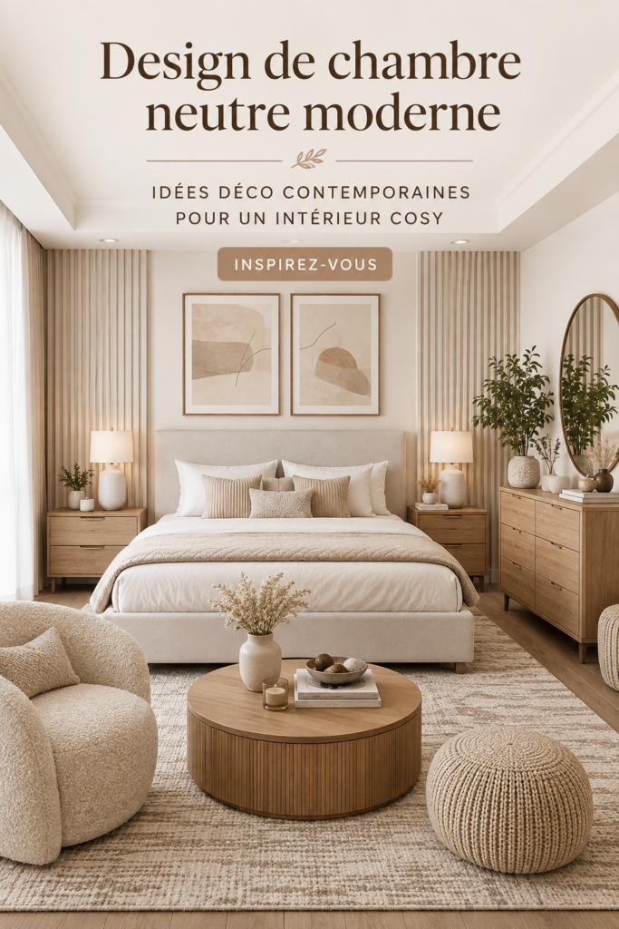 Chambre moderne avec des couleurs neutres et un décor chaleureux.