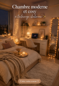 Chambre moderne avec éclairage chaleureux et décoration minimaliste