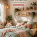 Chambre moderne avec linge de lit vert clair et touches de rose